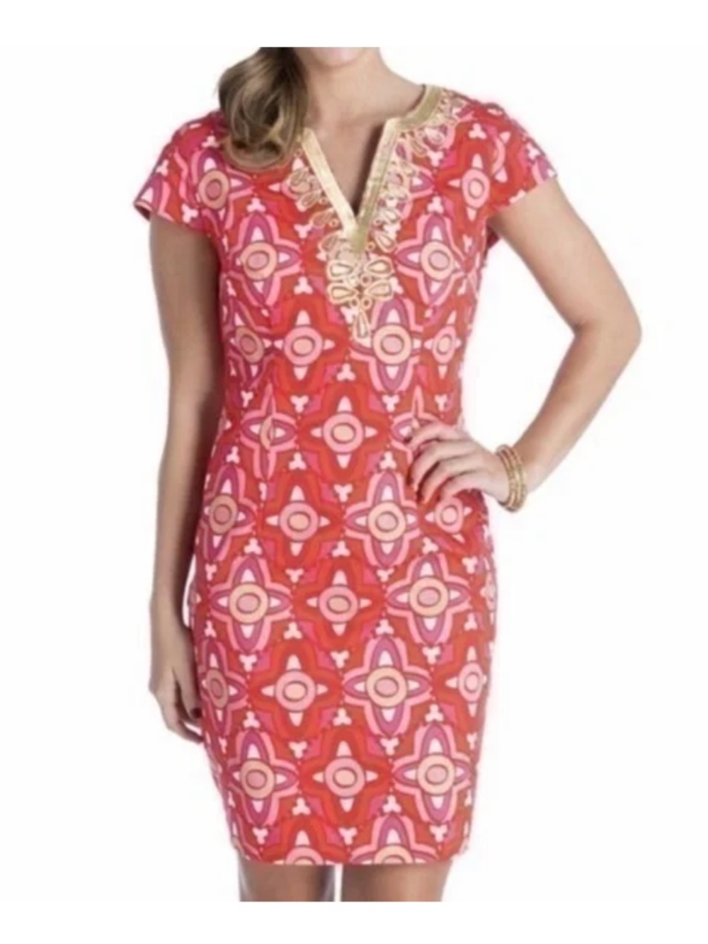 Mud Pie Pink Orange & Gold Short Sleeve Embroidered Neckline Mine Shift Dress